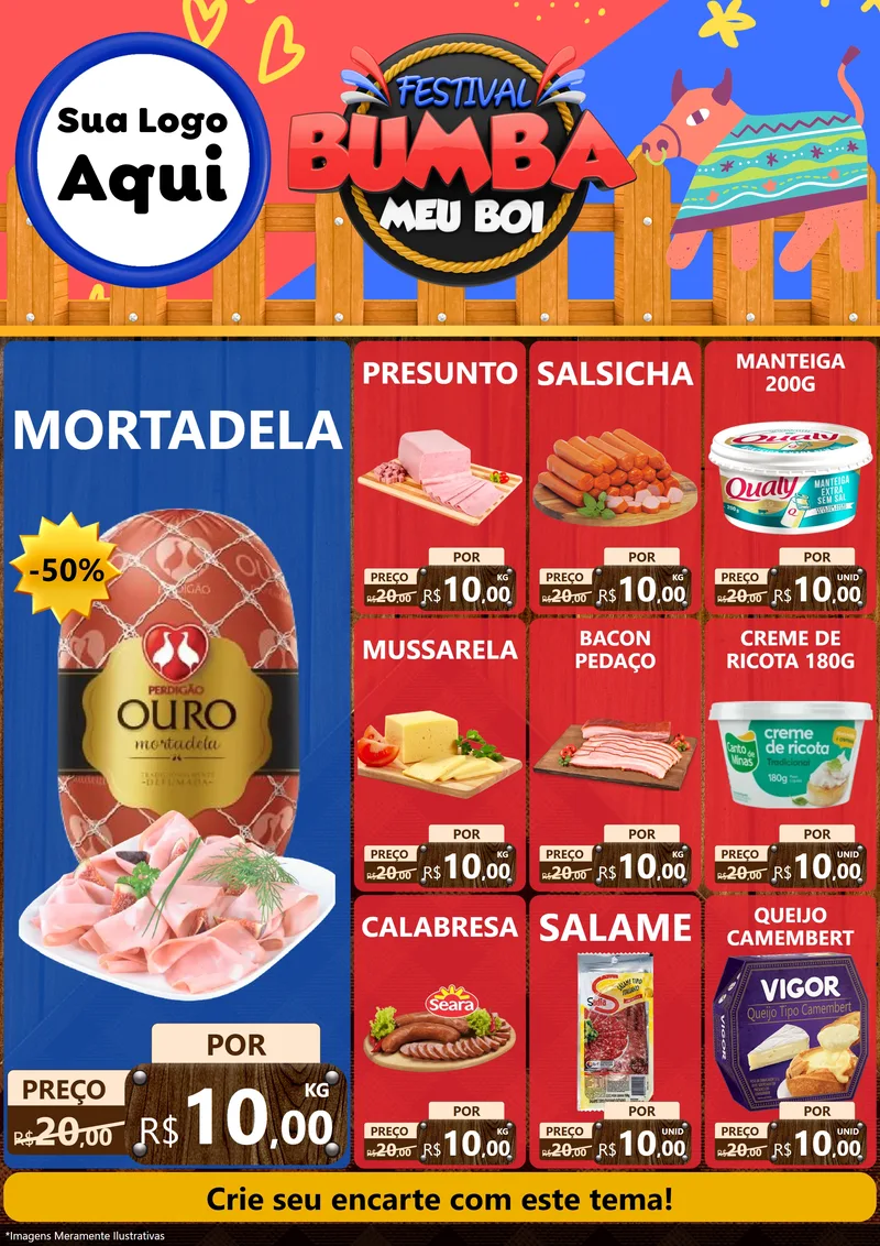 Modelo de Encarte para Encarte A4 Vertical com o tema Festival Bumba Meu Boi para Frios e Laticínios