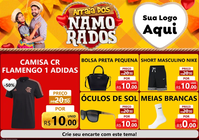 Modelo de Encarte para Encarte A4 Horizontal com o tema Arraiá dos Namorados para Roupas e acessórios