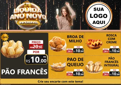 Modelo de Encarte para Encarte A4 Horizontal com o tema Liquida Ano Novo Imperdível para Padaria