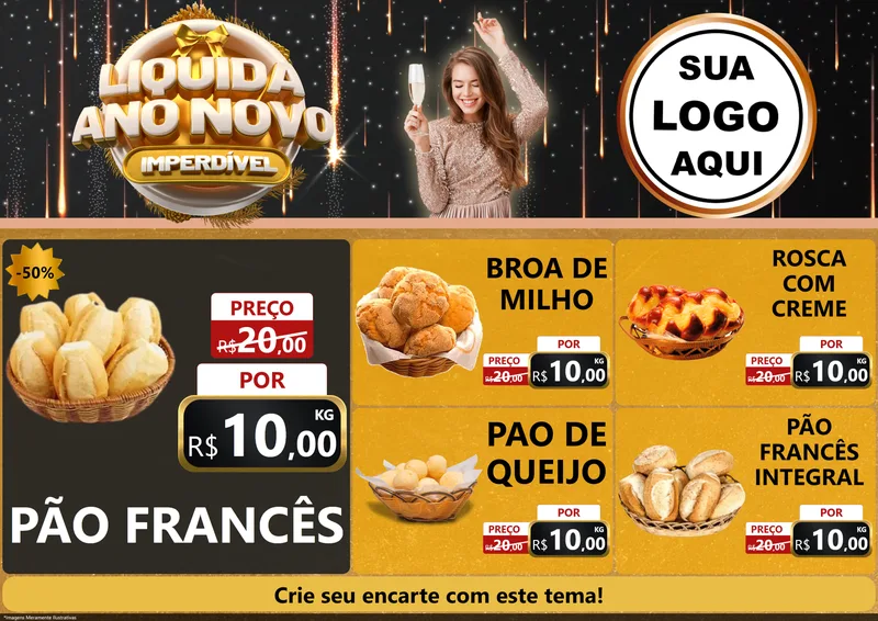 Modelo de Encarte para Encarte A4 Horizontal com o tema Liquida Ano Novo Imperdível para Padaria