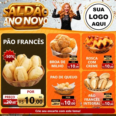 Modelo de Rede Social para Feed Facebook com o tema Saldão de Ano Novo para Padaria