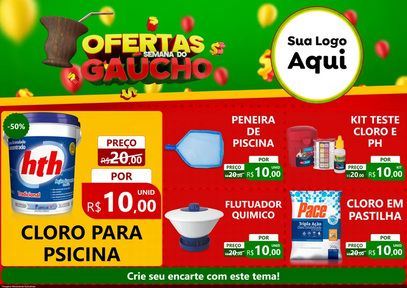 Modelo de Encarte para Encarte A4 Horizontal com o tema Ofertas Semana Do Gaúcho para Produtos para Piscina