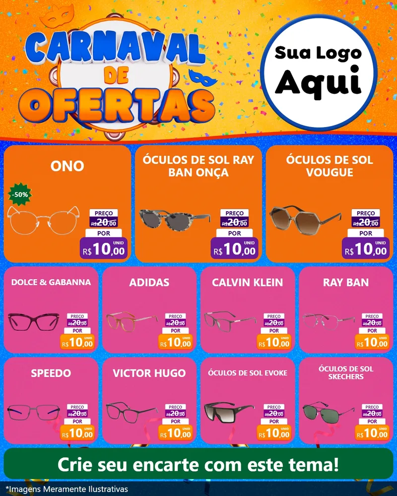 Modelo de Rede Social para Feed Instagram com o tema Carnaval de Ofertas para Óticas