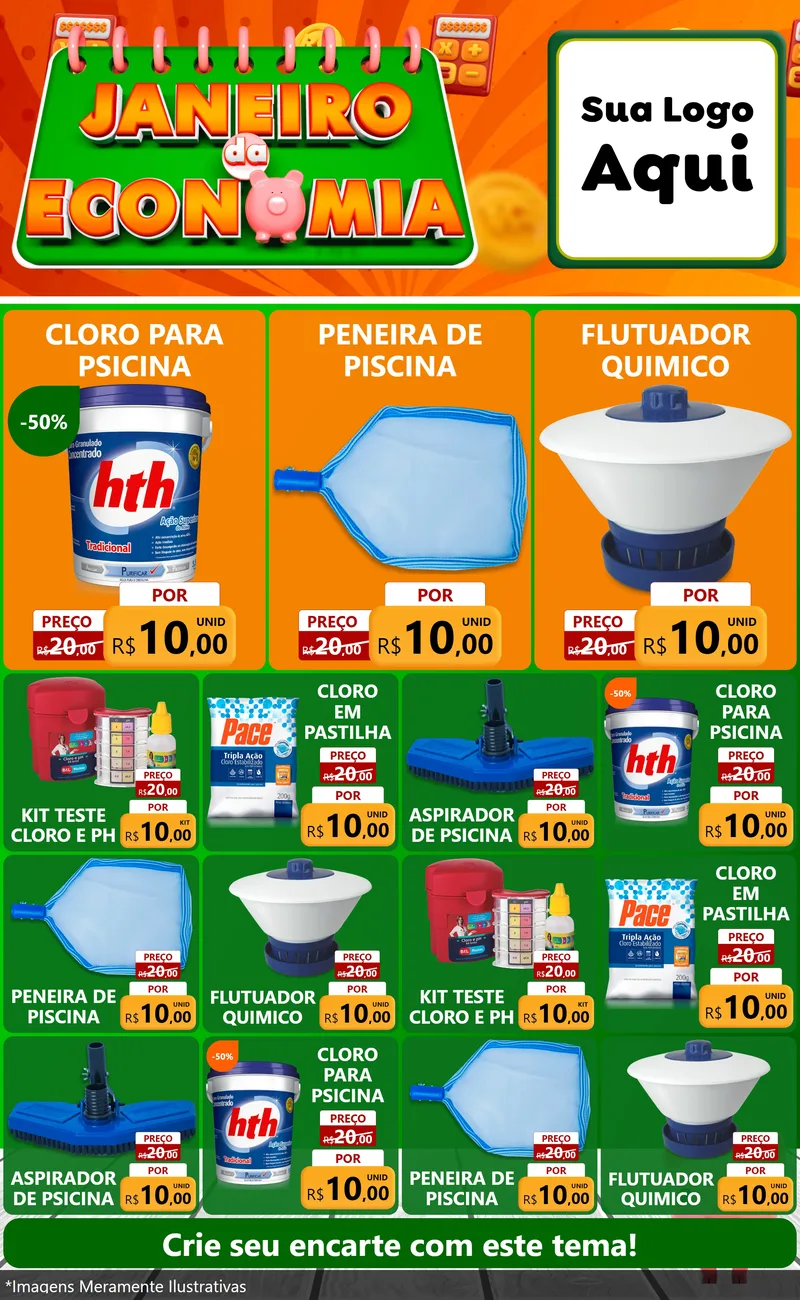 Modelo de Encarte para Encarte Grande com o tema Janeiro da Economia para Produtos para Piscina