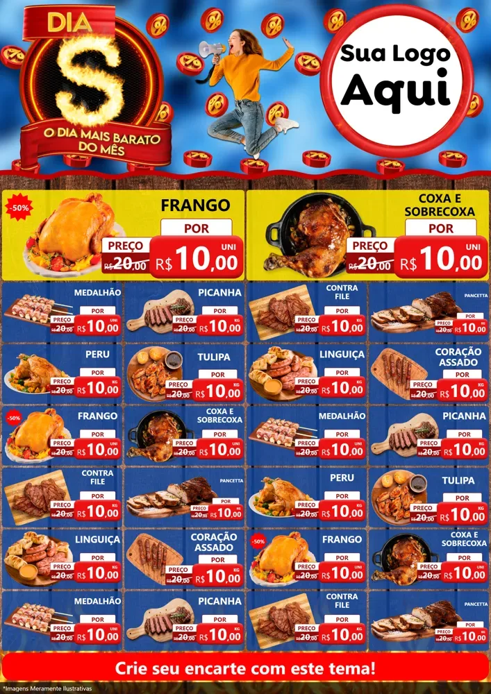 Modelo de Encarte para Encarte A4 Vertical com o tema Dia S - O Dia Mais Barato Do Mês para Assados
