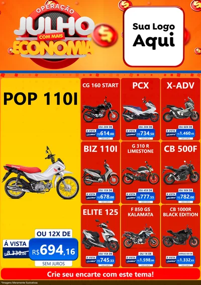 Modelo de Encarte para Encarte A4 Vertical com o tema Operação Julho Com Mais Economia para Concessionaria de Motos