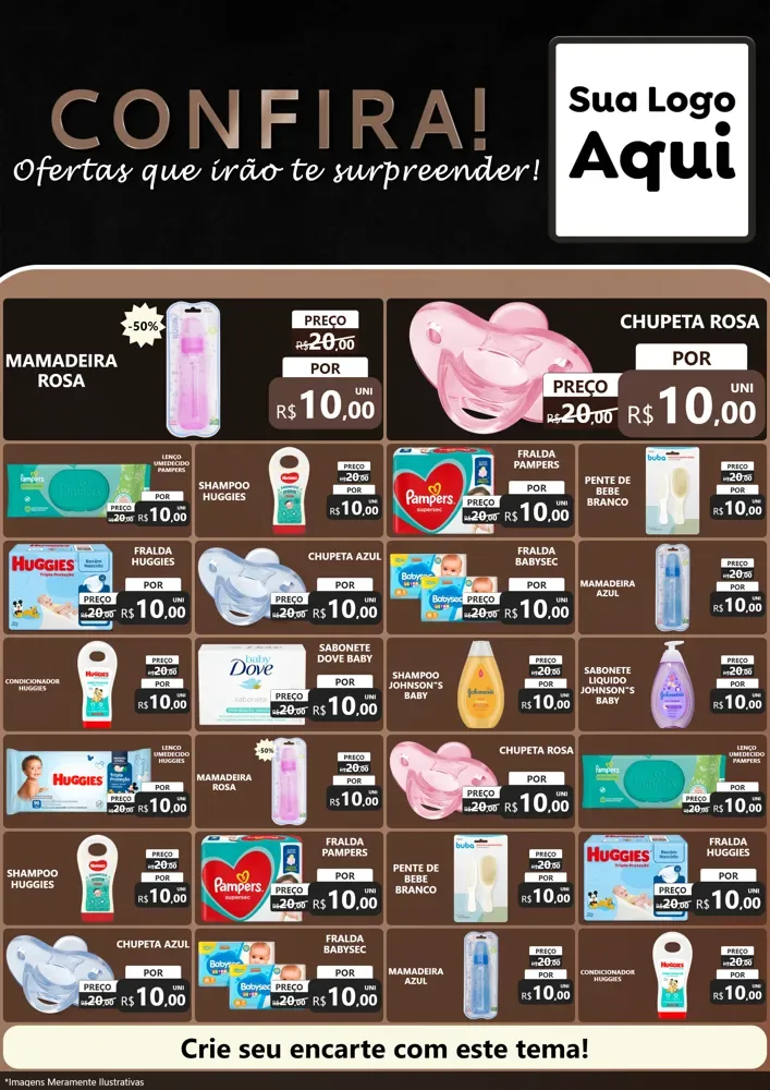 Modelo de Encarte para Encarte A4 Vertical com o tema Confira! Ofertas que irão te surpreender! para Bebês