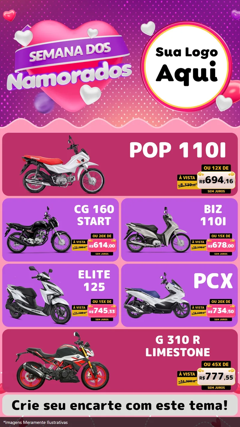 Modelo de TV para TV Vertical com o tema Semana dos Namorados para Concessionaria de Motos