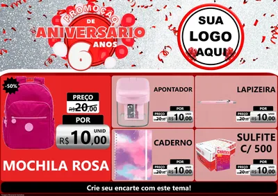 Modelo de Encarte para Encarte A4 Horizontal com o tema Promoção de Aniversário - 6 Anos para Papelaria