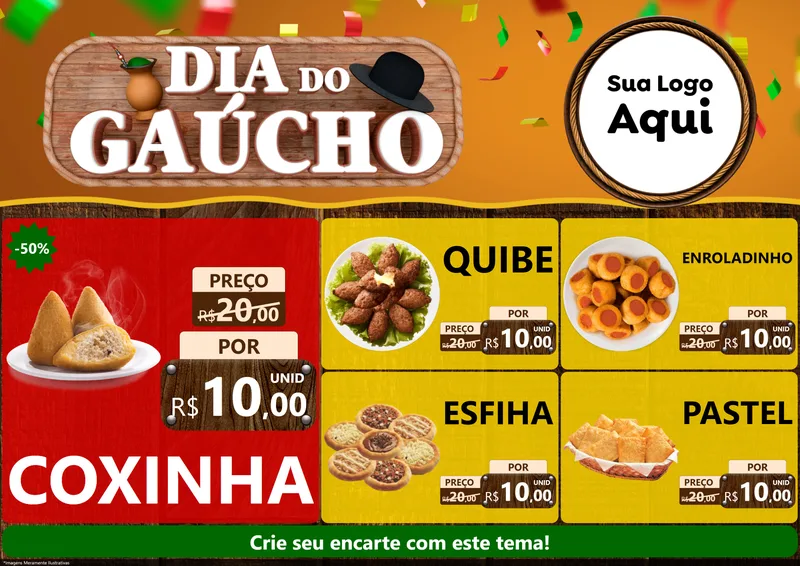 Modelo de Encarte para Encarte A4 Horizontal com o tema Dia do Gaúcho para Salgadaria