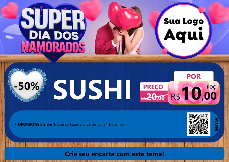 Modelo de Cartaz para Cartaz A4 Horizontal com o tema Super Dia dos Namorados para Comida japonesa