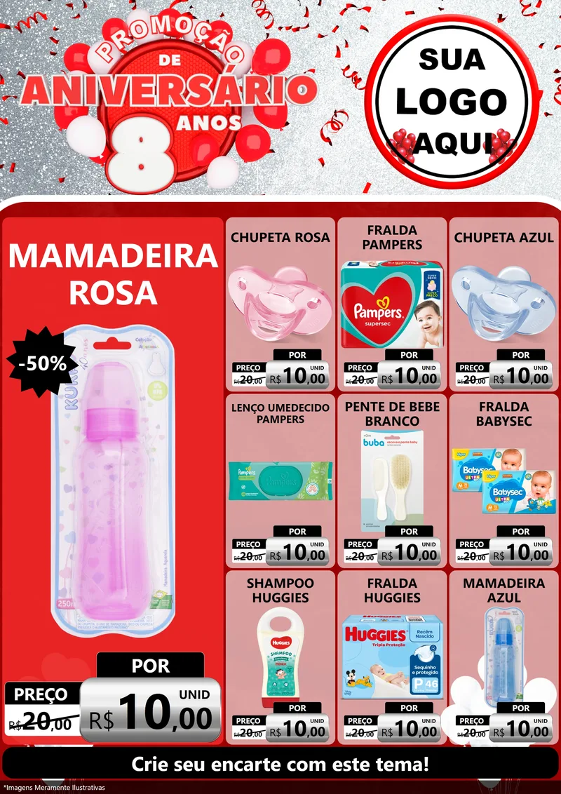 Modelo de Encarte para Encarte A4 Vertical com o tema Promoção de Aniversário - 8 Anos para Bebês