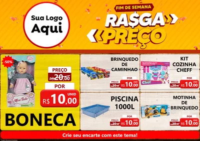 Modelo de Encarte para Encarte A4 Horizontal com o tema Fim de Semana Rasga Preços para Brinquedos