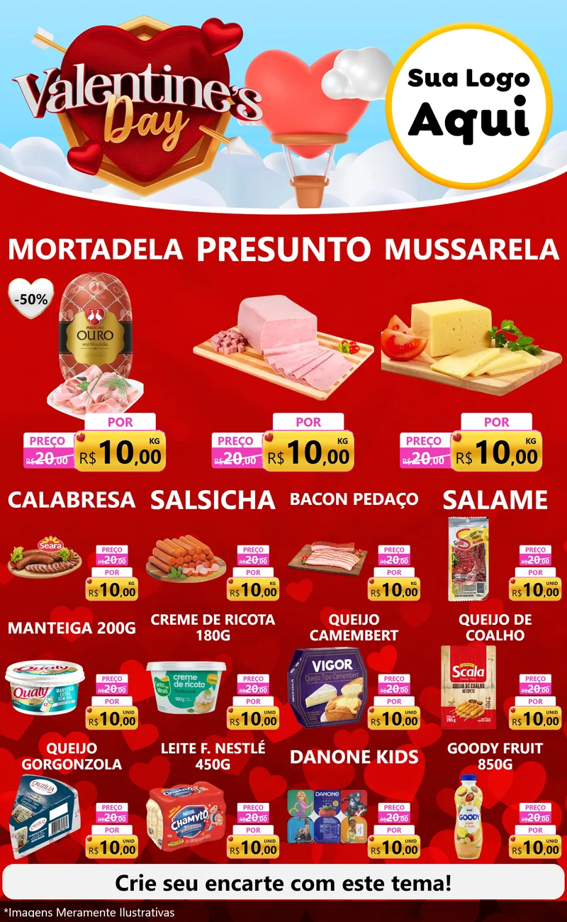 Modelo de Encarte para Encarte Grande com o tema Valentine's Day para Frios e Laticínios