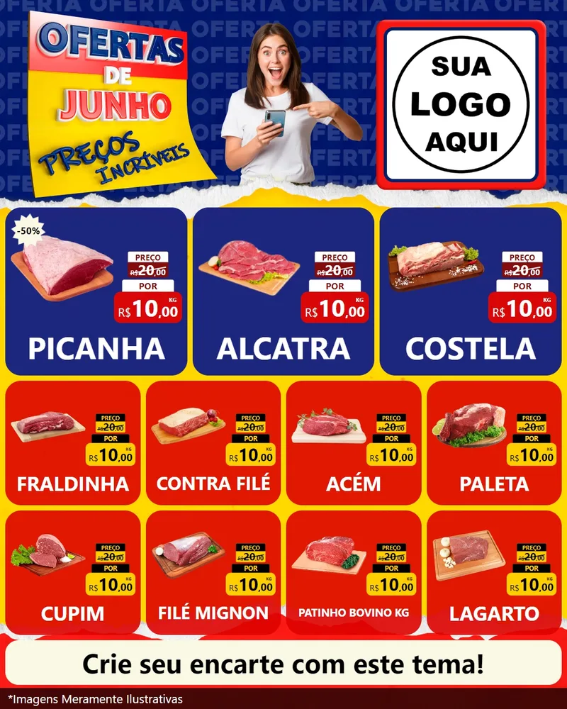 Modelo de Rede Social para Feed Instagram com o tema Ofertas de Junho - Preços Incríveis para Açougue