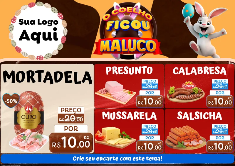 Modelo de Encarte para Encarte A4 Horizontal com o tema O Coelho Ficou Maluco - Páscoa para Frios e Laticínios