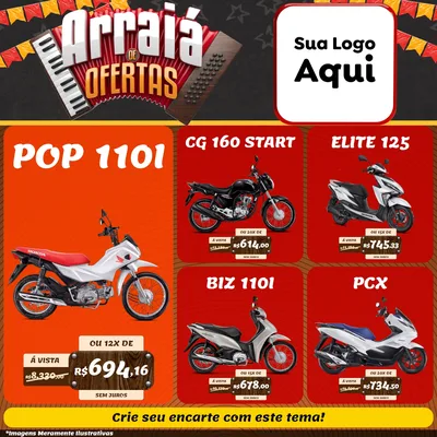 Modelo de Rede Social para Feed Facebook com o tema Arraiá de Ofertas - Junina para Concessionaria de Motos