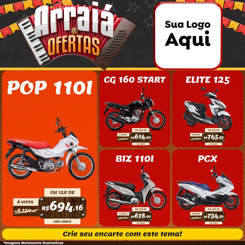 Modelo de Rede Social para Feed Facebook com o tema Arraiá de Ofertas - Junina para Concessionaria de Motos