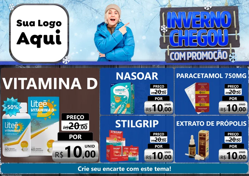 Modelo de Encarte para Encarte A4 Horizontal com o tema Inverno Chegou Com Promoção para Farmácia