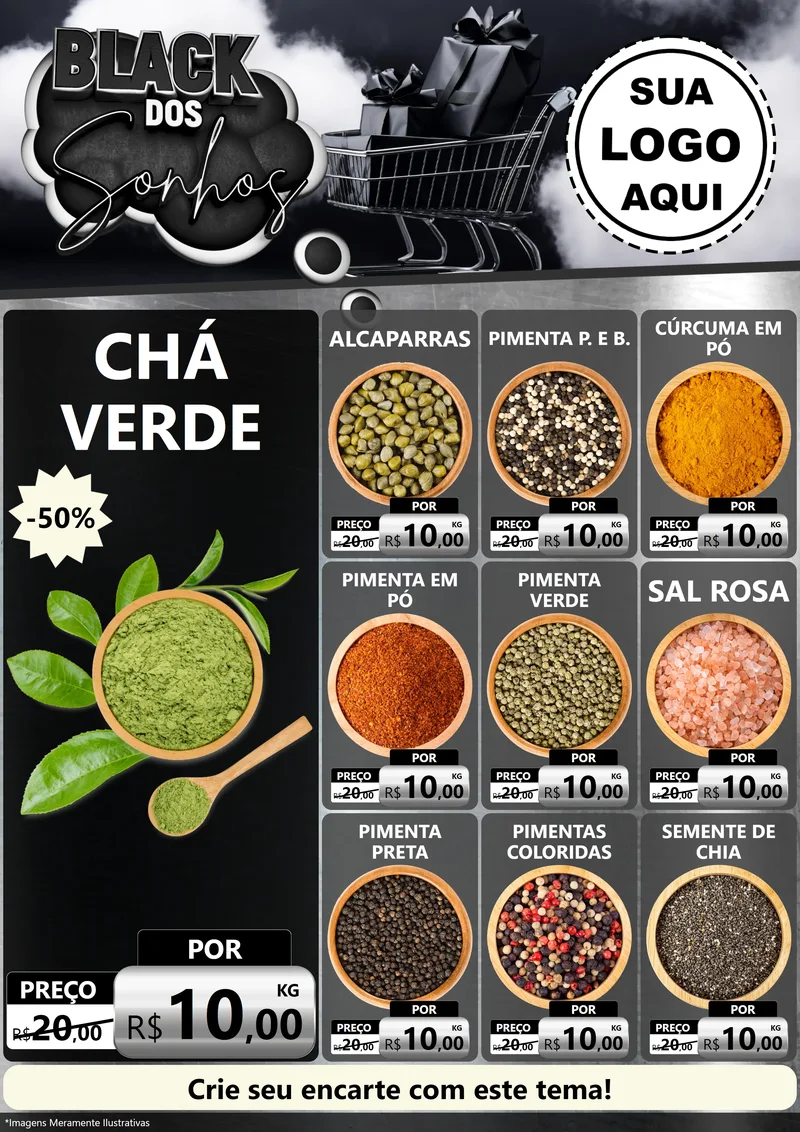 Modelo de Encarte para Encarte A4 Vertical com o tema Black dos Sonhos para Produtos Naturais