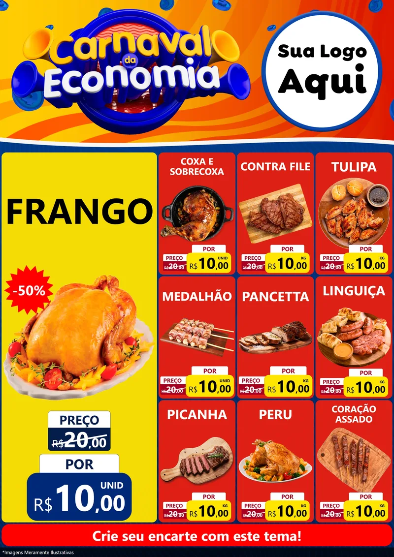 Modelo de Encarte para Encarte A4 Vertical com o tema Carnaval da Economia para Assados