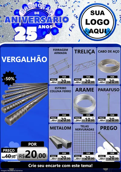 Modelo de Encarte para Encarte A4 Vertical com o tema Promoção de Aniversário - 25 Anos para Ferragens