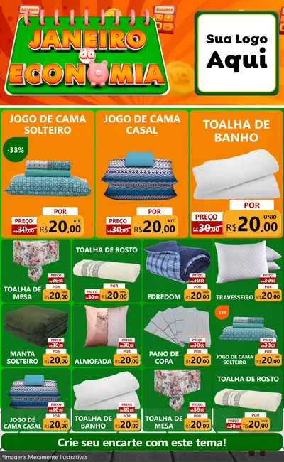 Modelo de Encarte para Encarte Grande com o tema Janeiro da Economia para Cama, Mesa e Banho