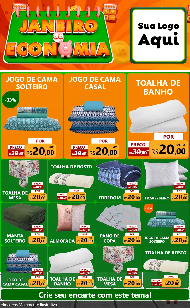 Modelo de Encarte para Encarte Grande com o tema Janeiro da Economia para Cama, Mesa e Banho