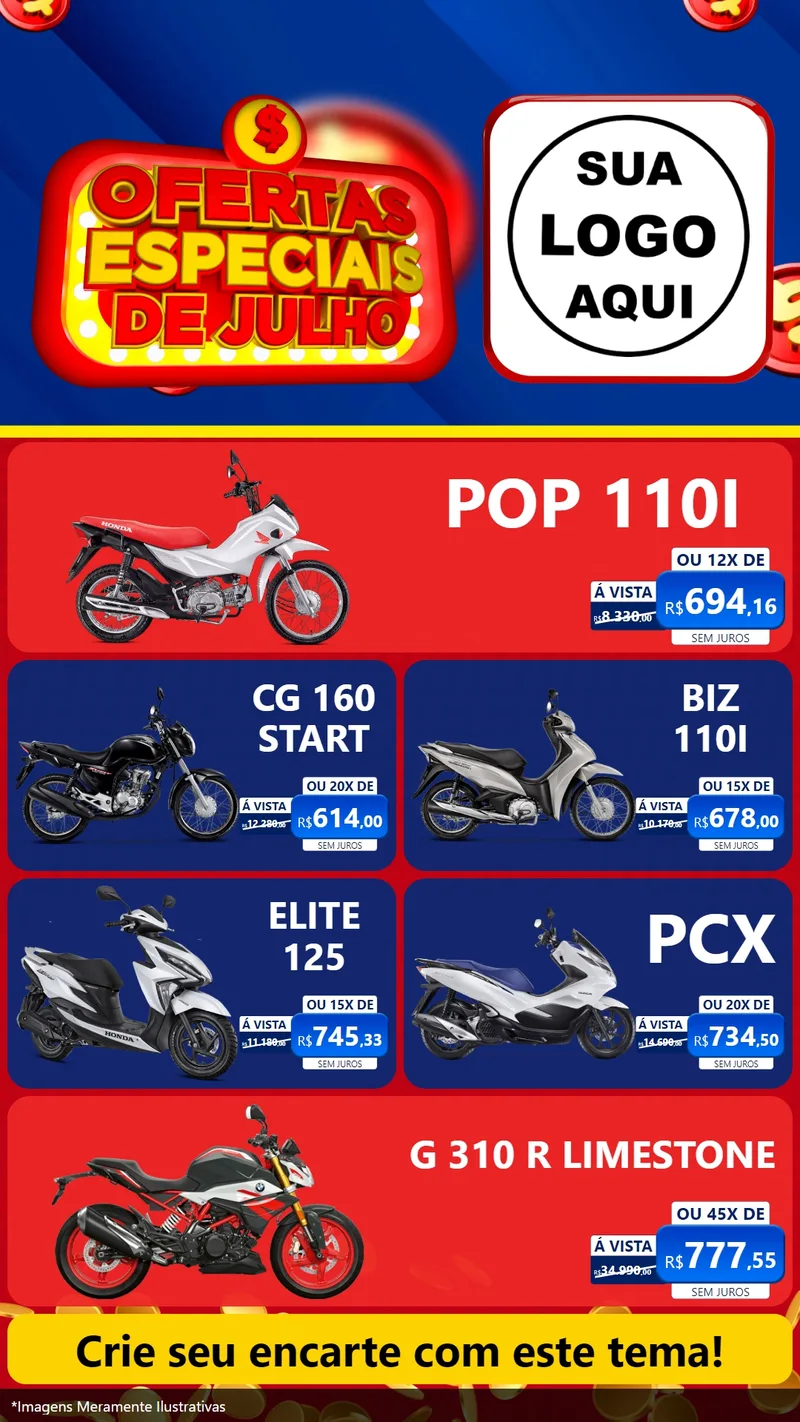 Modelo de TV para TV Vertical com o tema Ofertas Especiais de Julho para Concessionaria de Motos