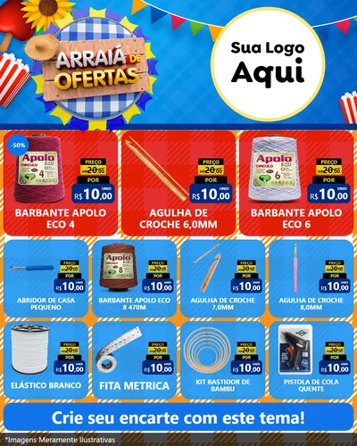 Modelo de Rede Social para Feed Instagram com o tema Arraiá de Ofertas para Armarinho e Aviamentos