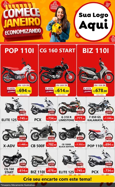 Modelo de Encarte para Encarte Grande com o tema Comece Janeiro Economizando para Concessionaria de Motos