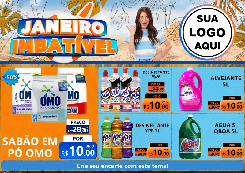 Modelo de Encarte para Encarte A4 Horizontal com o tema Janeiro Imbatível para Produtos de Limpeza