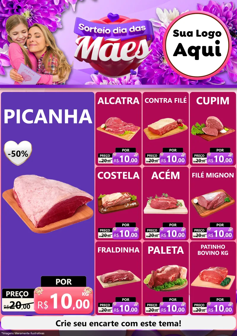 Modelo de Encarte para Encarte A4 Vertical com o tema Sorteio Dia das Mães para Açougue