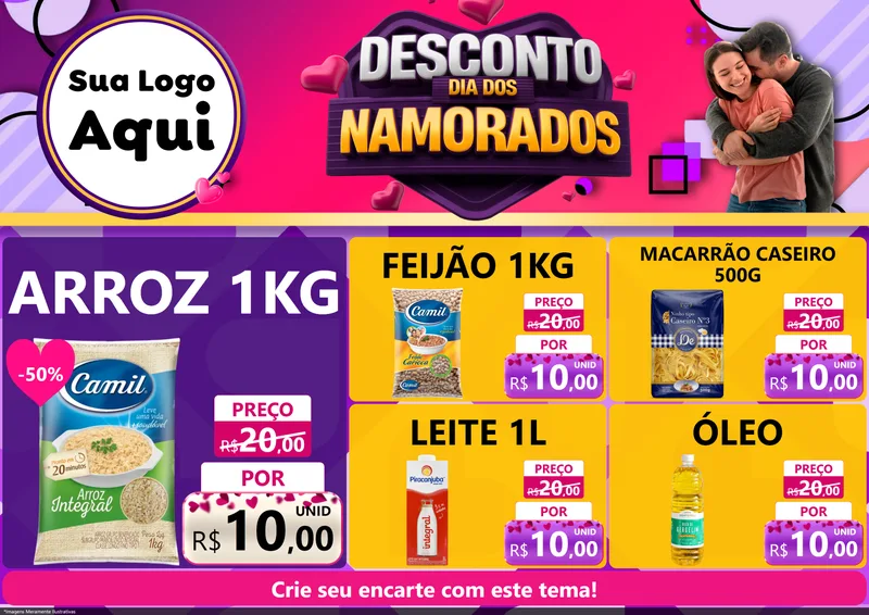 Modelo de Encarte para Encarte A4 Horizontal com o tema Desconto Dia dos Namorados para Supermercado