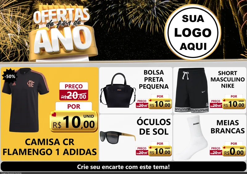 Modelo de Encarte para Encarte A4 Horizontal com o tema Ofertas de Fim de Ano para Roupas e acessórios
