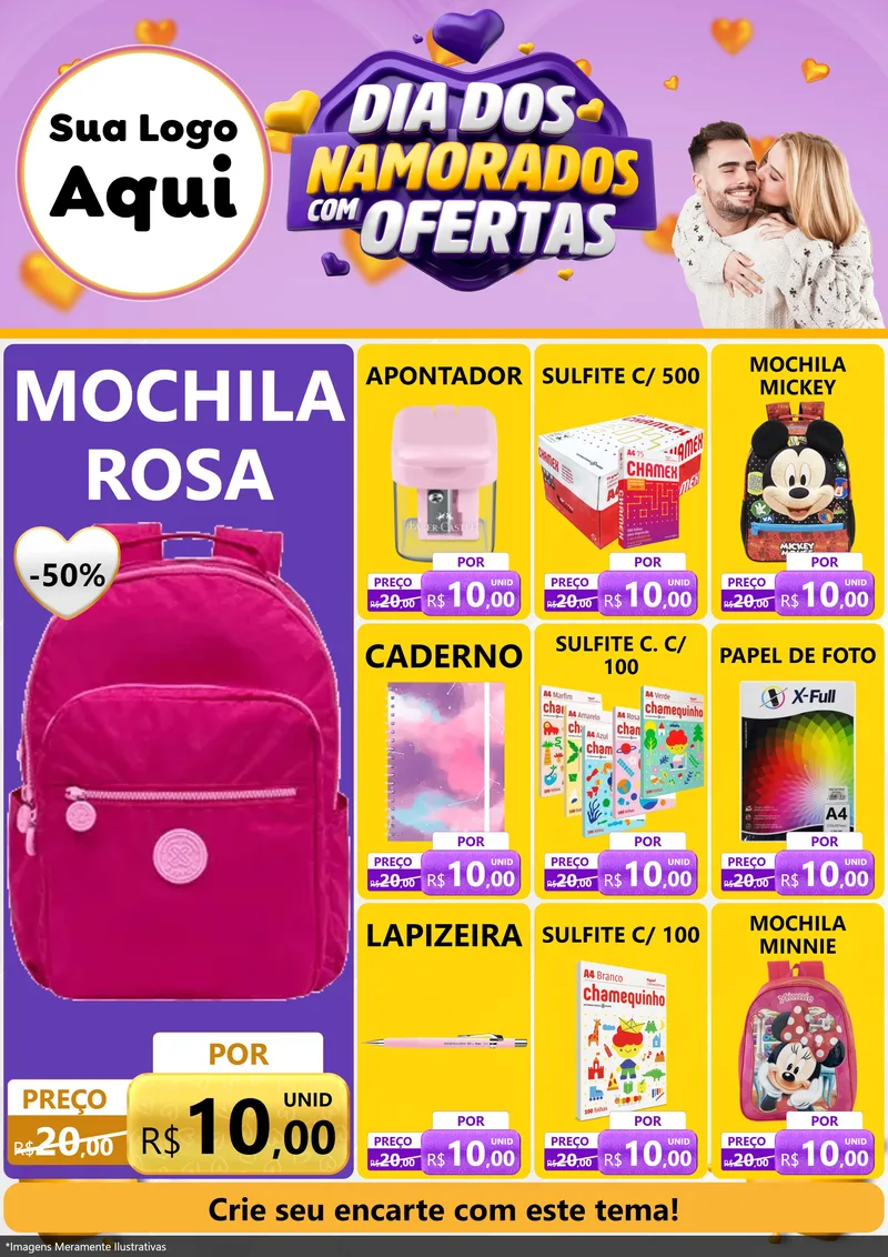 Modelo de Encarte para Encarte A4 Vertical com o tema Dia Dos Namorados Com Ofertas para Papelaria