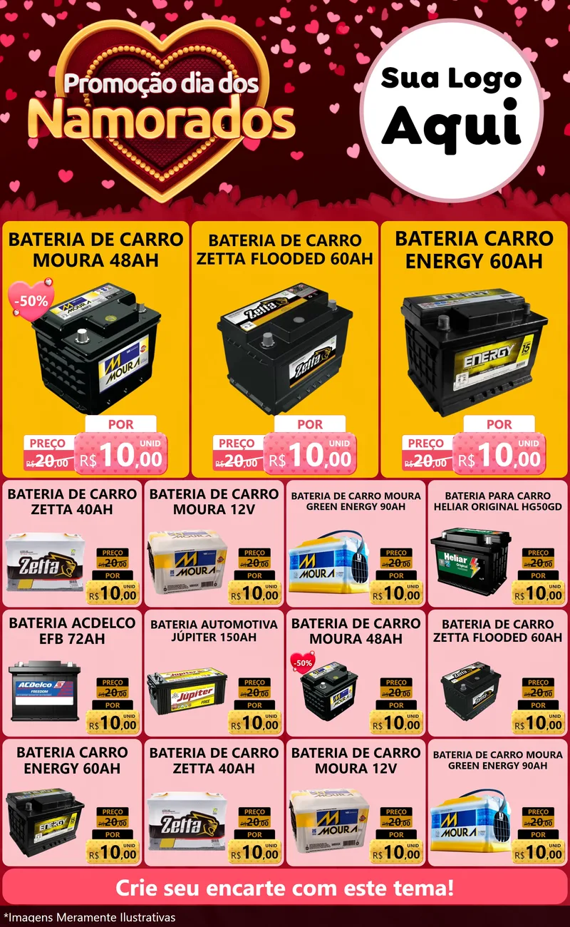 Modelo de Encarte para Encarte Grande com o tema Promoção Dia Dos Namorados para Baterias Elétricas