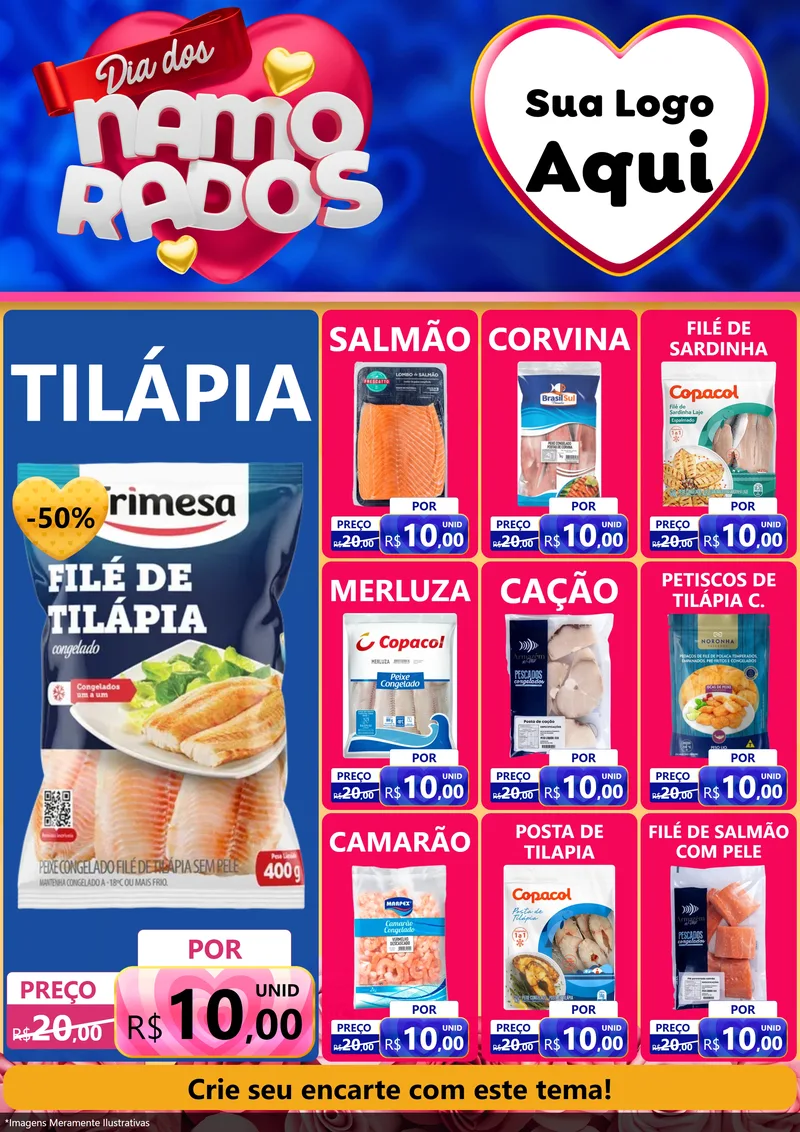 Modelo de Encarte para Encarte A4 Vertical com o tema Dia dos namorados para Peixaria