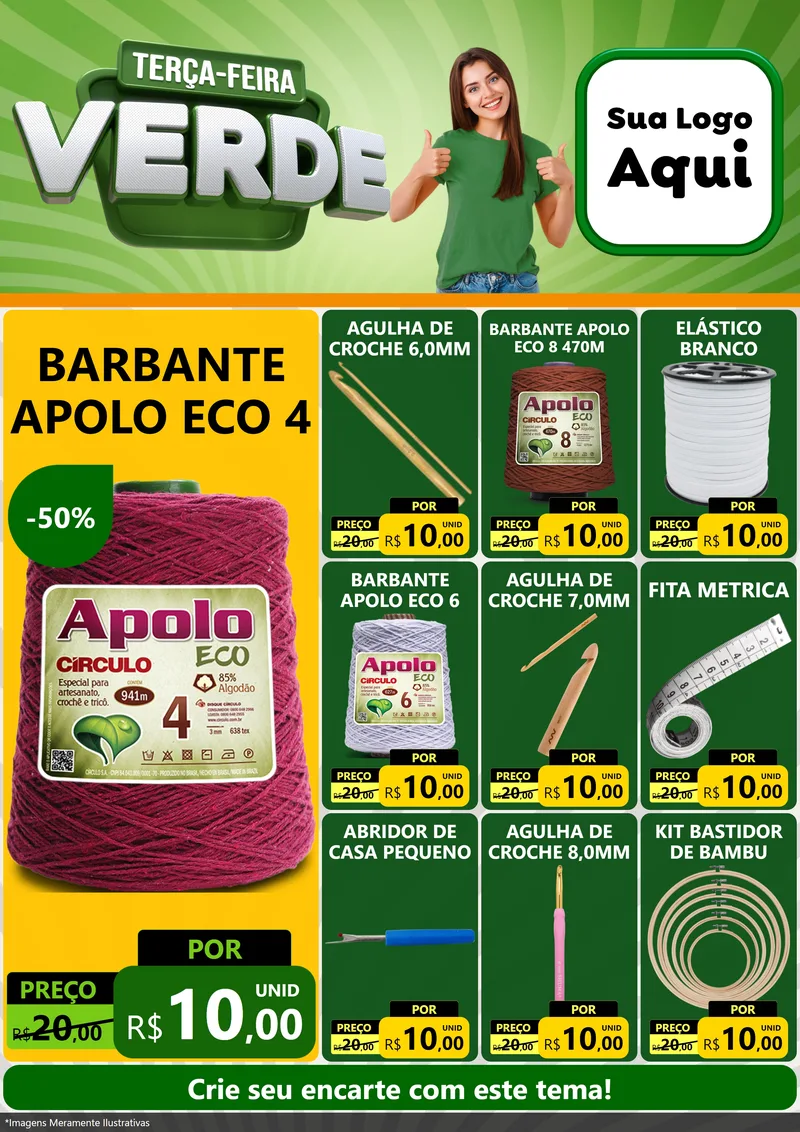 Modelo de Encarte para Encarte A4 Vertical com o tema Terça - Feira Verde para Armarinho e Aviamentos