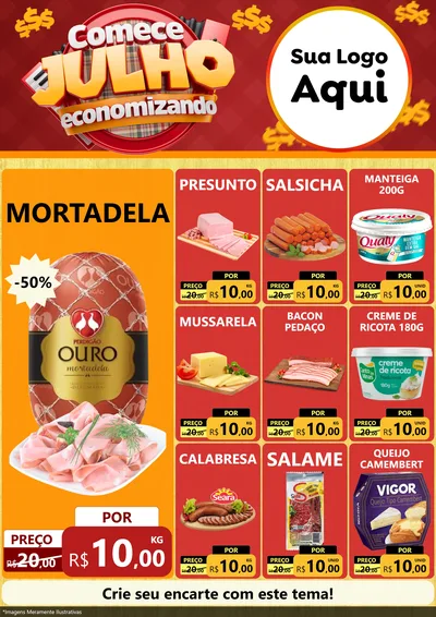 Modelo de Encarte para Encarte A4 Vertical com o tema Comece Julho Economizando para Frios e Laticínios