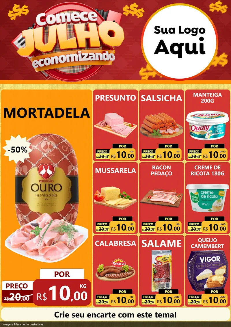 Modelo de Encarte para Encarte A4 Vertical com o tema Comece Julho Economizando para Frios e Laticínios