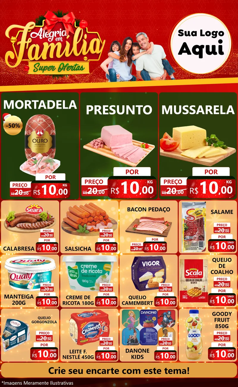 Modelo de Encarte para Encarte Grande com o tema Alegria em Família Super Ofertas - Natal para Frios e Laticínios
