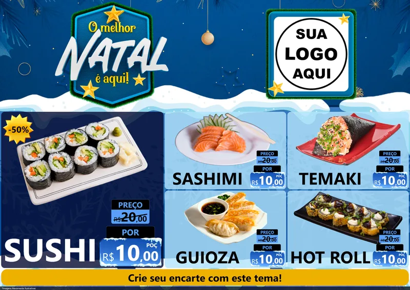 Modelo de Encarte para Encarte A4 Horizontal com o tema O Melhor Natal É Aqui! para Comida japonesa
