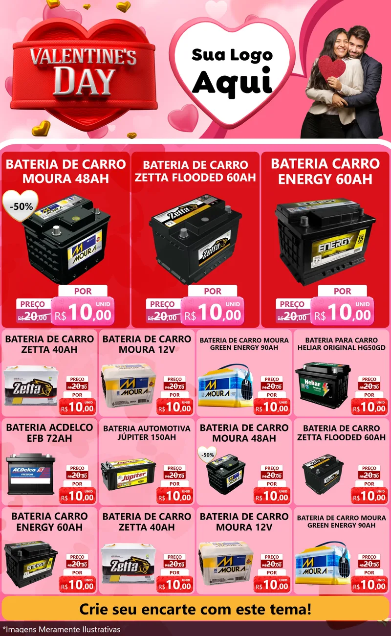 Modelo de Encarte para Encarte Grande com o tema Valentine's Day para Baterias Elétricas