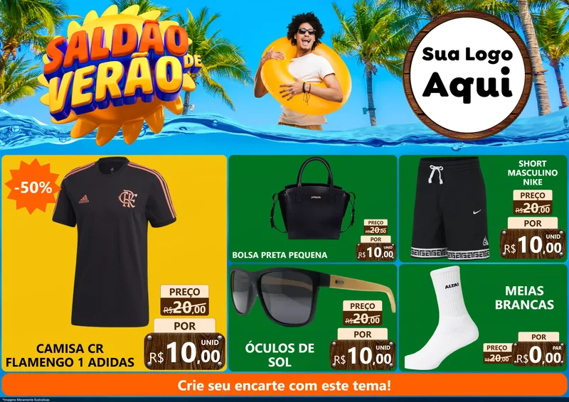 Modelo de Encarte para Encarte A4 Horizontal com o tema Saldão de Verão para Roupas e acessórios