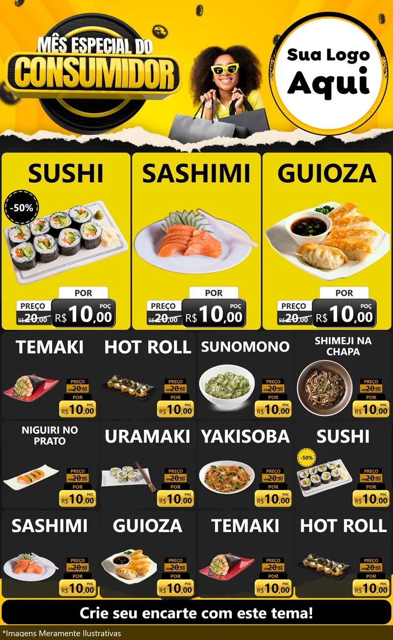 Modelo de Encarte para Encarte Grande com o tema Mês Especial do Consumidor para Comida japonesa