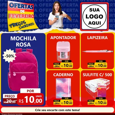 Modelo de Rede Social para Feed Facebook com o tema Ofertas de Fevereiro - Preços Incríveis para Papelaria
