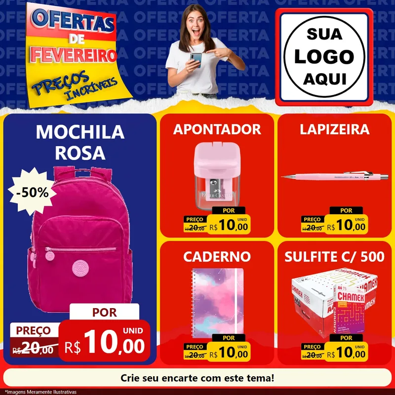 Modelo de Rede Social para Feed Facebook com o tema Ofertas de Fevereiro - Preços Incríveis para Papelaria