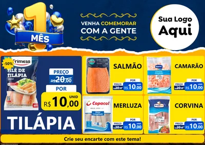 Modelo de Encarte para Encarte A4 Horizontal com o tema Um Mês de Aniversário para Peixaria