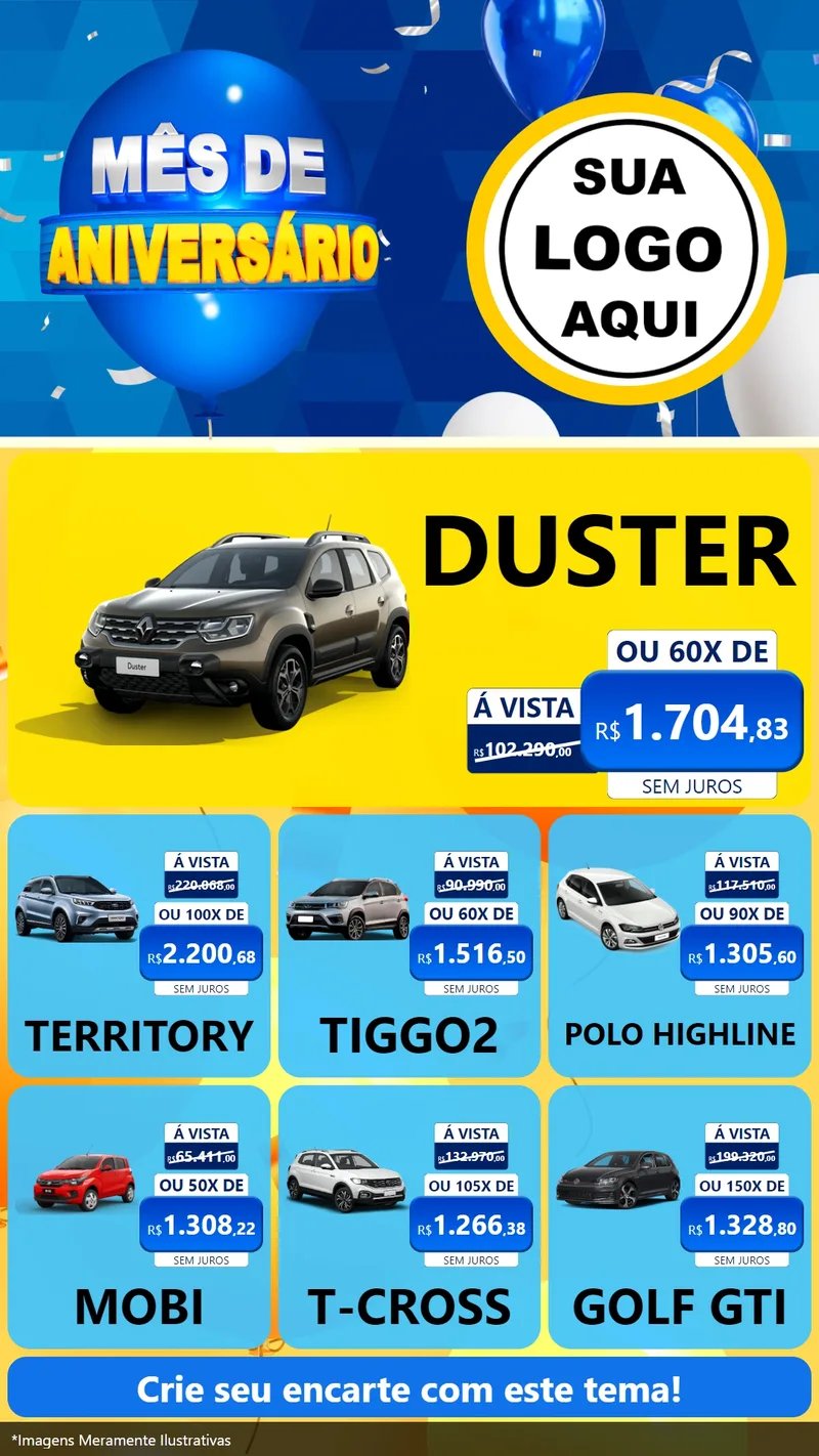 Modelo de Rede Social para Stories com o tema Mês de Aniversário para Concessionaria de Carros